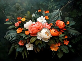 Elaborate carnival themed floral arrangement bursting with colorful peonies marigolds and oversized palm fronds