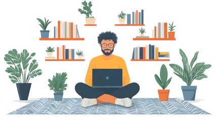 Fototapeta premium Executive enjoying a balanced work environment with laptop in a cozy, peaceful room, flat vector style