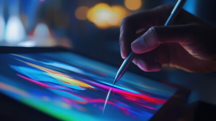 Digital artist creating colorful artwork on a touch screen tablet device