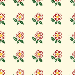 Pixel art floral and geometric pattern with decorative borders in orange and yellow tones on beige background. Ideal for fabric and wallpaper designs.