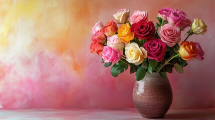 Fototapeta premium A fresh bouquet of mixed roses in bold colors, displayed in a ceramic vase with a soft natural light backdrop.