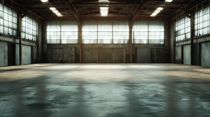 An industrial warehouse space featuring large doors and high ceilings, an empty environment that conveys a sense of potential and waiting for new beginnings.