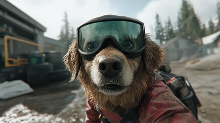 A powerful dog dressed in working gear, poised and ready for action outdoors, symbolizing loyalty, readiness, and strength in a tough environment full of potential adventures.