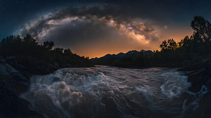 Fototapeta premium A dramatic photo of a rushing river under a starlit sky with the Milky Way visible above and soft ambient lighting from distant fires.