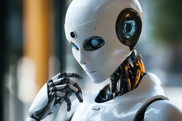 Fototapeta premium Futuristic Humanoid Robot with Sleek Design and Thoughtful Expression 