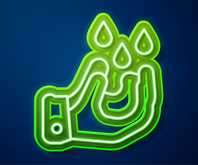 Glowing neon line Wudhu icon isolated on blue background. Muslim man doing ablution. Vector