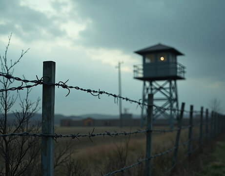 Barbed wire fence with prison tower in the distance Generative AI