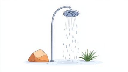 Fototapeta premium Cartoon Style Shower with Water Drops, Rock and Grass in Minimalist Background Design