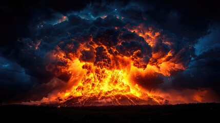 Fototapeta premium Fiery Eruption of Volcano Against Dramatic Sky at Dusk