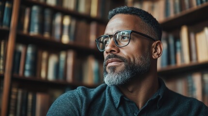 Fototapeta premium A pensive man with glasses gazes thoughtfully in a library, surrounded by books, capturing a moment of reflection that emphasizes curiosity and introspection.