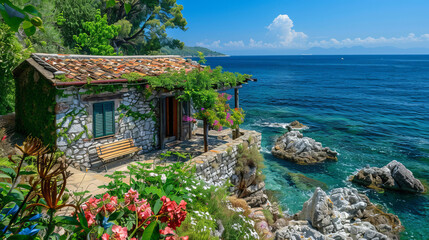 Obraz premium Idyllic Seaside Stone Cottage with Vibrant Flowers and Stunning Ocean View