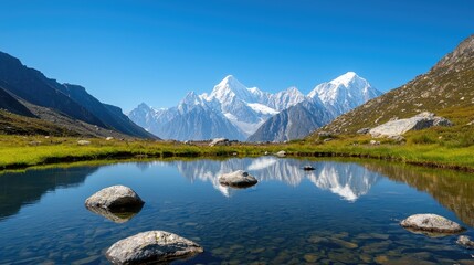 Fototapeta premium Stunning Mountain Landscape with Reflection in Calm Water Body
