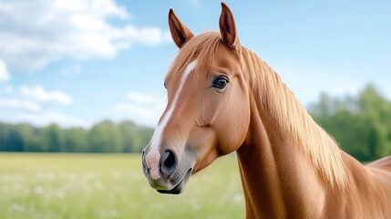 Obraz premium Beautiful horse with a shiny coat against a clear blue sky and greenery in the background.