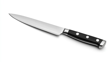 Shiny Chef's Knife with Black Handle on a Clean White Background