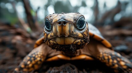 Obraz premium This close-up image captures the detailed texture and expression of a turtle, showcasing its unique characteristics and the earthy background of its environment.