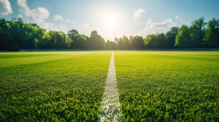 cricket field on a sunny day. Cricket pitch empty summer sport green grass field background. cricket pitch on a sunny day.