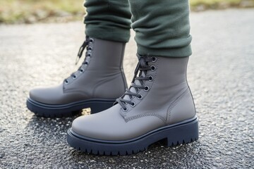 Stylish gray combat boots on a person standing on a paved outdoor path during daylight