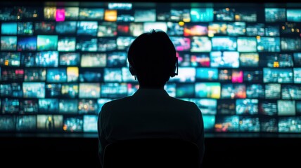 Supply Chain Security concept. Person viewing multiple screens in a dark room with vibrant visuals.
