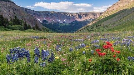 Vibrant wildflowers carpet a mountain meadow, under blue sky and distant peaks
