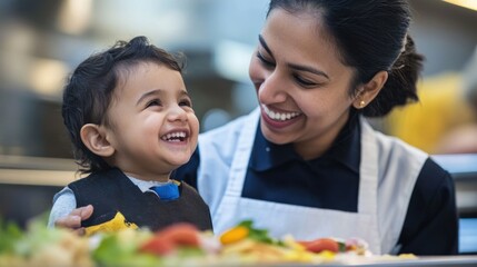 Mother and child sharing a meal together, great for family or nutrition concepts