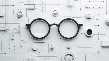 Minimalist black eyeglasses featured against a futuristic white grid design, embodying elegance and innovation. Suitable for abstract, design, or tech-focused projects. AI generated.