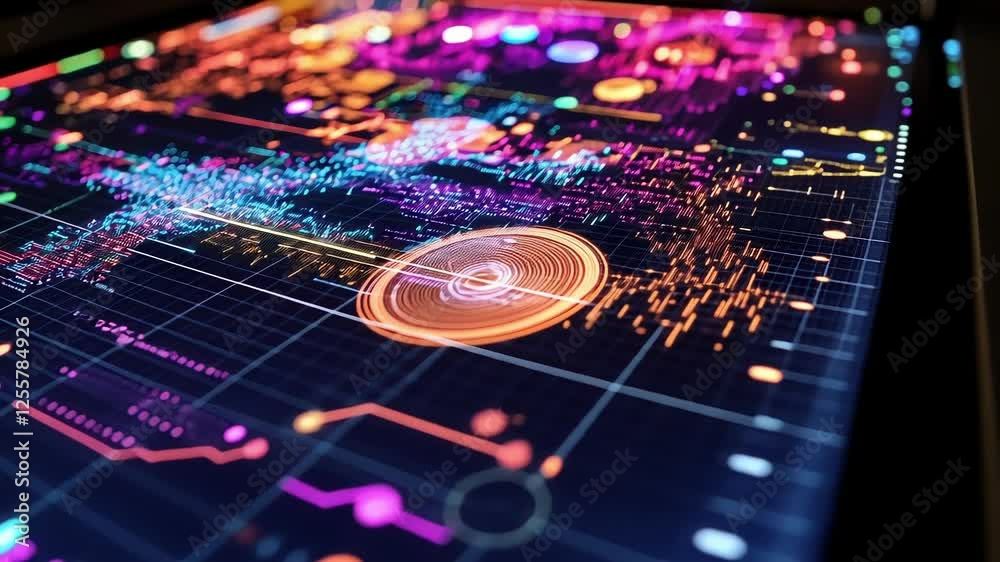 Poster futuristic world map displaying global connections and data analysis, visualizing complex informatio