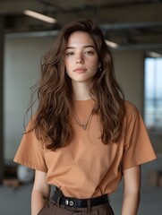 Obraz premium Dramatic and empowering portrait of a confident androgynous woman standing tall and proud in a minimalist earth toned outfit against the backdrop of an industrial warehouse setting