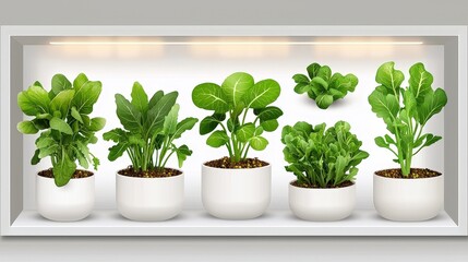 Fototapeta premium Indoor Garden with Fresh Leafy Green Plants in White Pots on Minimalist Shelf Display
