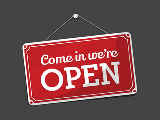 Come in we're Open on door vector illustration. Yes! we're open on door sign on isolated background. WE ARE OPEN sign. Please come in. We are open sign for business.