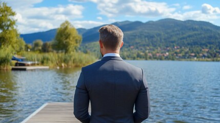 Fototapeta premium Businessman lake view contemplation success