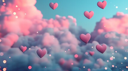 A dreamy sky filled with soft pink clouds and floating heart shapes, evoking feelings of love and serenity.