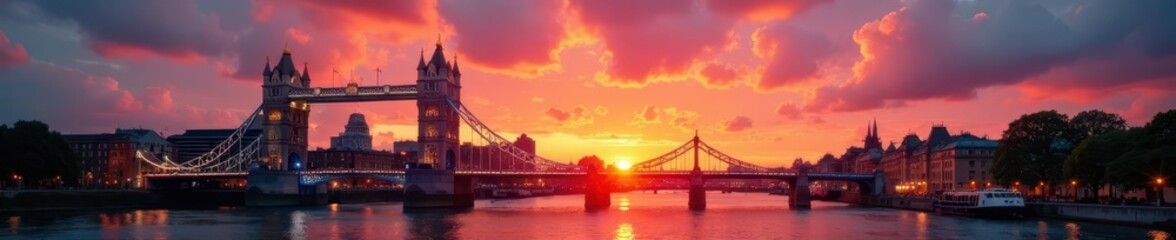 Fototapeta premium Two majestic towers framed by fiery sunset hues over the Thames, vibrant, england, scenic