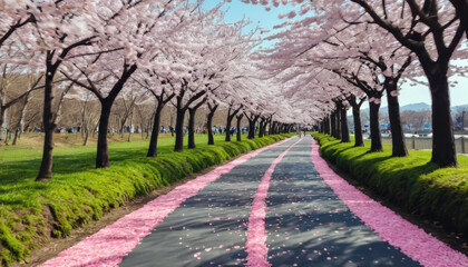 beautiful cherry blossom pathway lined with pink petals and trees