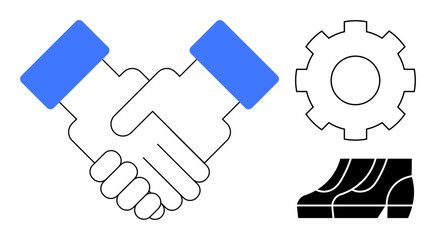 Handshake representing cooperation and agreement, a gear symbolizing mechanics and industry, and a bar graph indicating growth and progress. Ideal for business cooperation, engineering, productivity