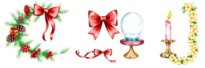 Festive Watercolor Christmas Elements Wreath Bows Snow Globe Candle Garland