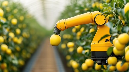 A robotic arm harvesting lemons in a vibrant greenhouse filled with yellow citrus fruits.