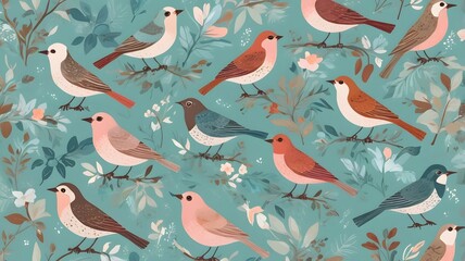 Fototapeta premium A seamless pattern featuring numerous stylized birds and flowers. Small, cute birds in various pastel colors