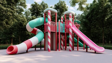 A vibrant playground featuring colorful slides and climbing structures, set in a lush green environment, perfect for children's playtime.