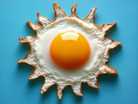 a sunny side up egg with the yolk shaped like a sun against plain blue background