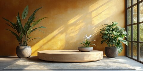 Serene Minimalist Room with Wooden Platform, Plants, and Yellow Wall