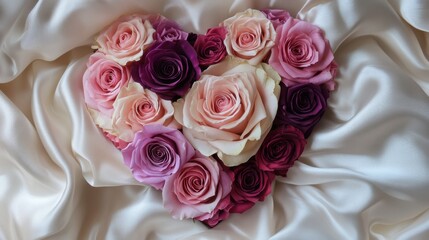 Obraz premium A heart-shaped pink rose bouquet with varying shades, placed on a white silk fabric for an elegant look.