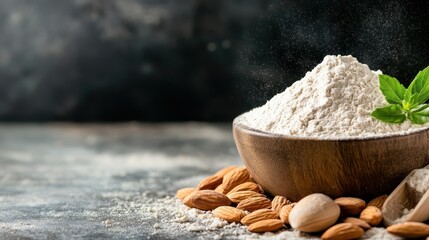 A dynamic capture of almond flour spilling from a wooden bowl, enhanced by fresh almonds and mint, conveying a sense of wholesome baking and natural ingredients.