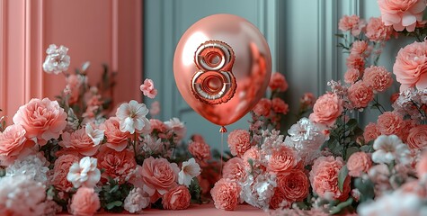 Rose Gold Number 8 Balloon with Coral and White Flowers Against Pastel Wall