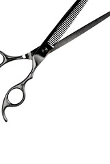 Part of black thinning scissors  isolated on white. Creative grooming and hair cut concept.