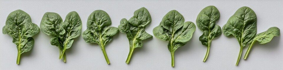 Fresh spinach leaves arranged on a clean white surface