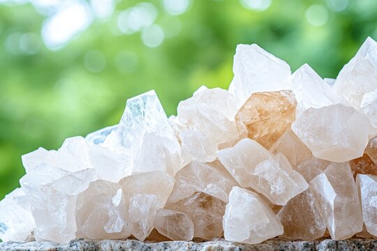Cluster of Apophyllite crystals, clear and champagne-colored, on a rock, with a blurred green background.