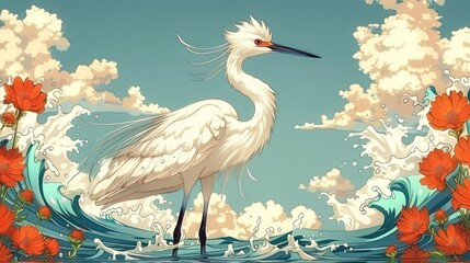 Naklejka premium A serene white egret stands amidst vibrant flowers and crashing waves under a blue sky.