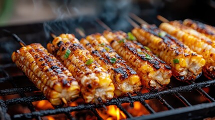 This enticing image shows skewered grilled corn cooked to perfection, garnished with fresh herbs amidst a smoky backdrop, creating a mouthwatering visual feast.