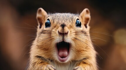 Fototapeta premium An excited chipmunk raising its paws in an enthusiastic gesture, capturing the essence of joy and spontaneity in a warm, inviting natural setting.