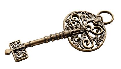 High-resolution image of an antique brass key with intricate detailing png